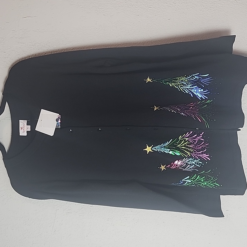 NWT Quacker Factory Embroidered Sequin & Stud Tree Button Front Cardigan Sz XL